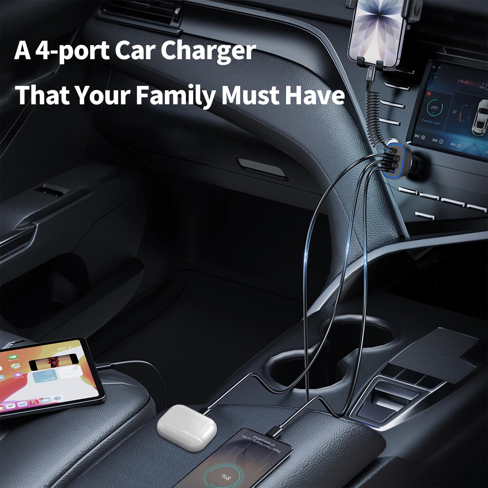 Caricabatteria da auto super veloce USB C da 90 W per iPhone 17 Pro Max/Air/16/iPad, Samsung S26, accessori Android, adattatore per accendisigari, [4 in 1] 12 V, doppia porta PPS da 45 W con cavo a