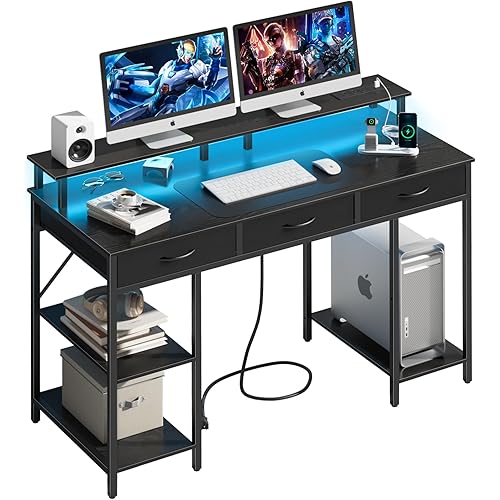 Yoobure Computer Desk with Drawers, Office Desk with LED Lights & Outlets, Small Desk with Storage Shelves, Gaming Desk 48" Home Office Desks with Monitor Stand, Writing Desk for Bedroom Small Spaces