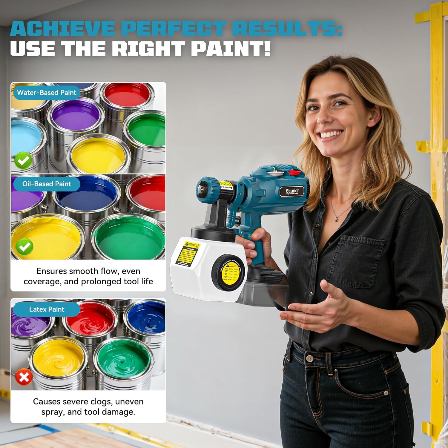 Ecarke Pistola Pintura Compatible con Baterías Makita 18V, 1200ML, 43000RPM, 4 Boquillas y 3 Modos de Pulverización, para Tarimas de Terraza, Pintura de Paredes, Muebles y Vallas(Solo Herramienta)
