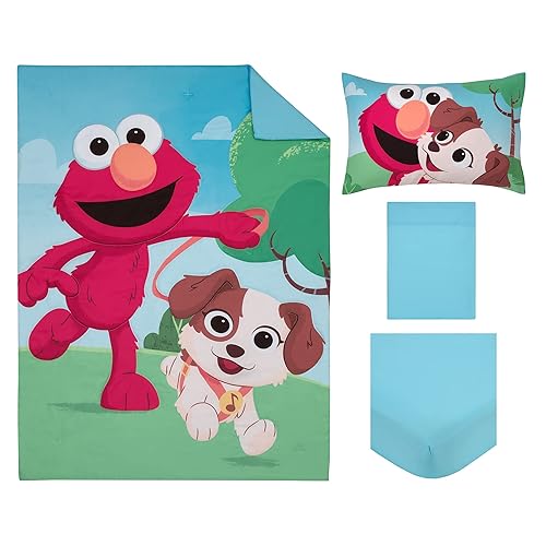 Miniatura 8 de Sesame Street Furry Friends - Juego de ropa de cama infantil de 4 piezas con diseño de elmo y cachorro azul, verde y rojo edredón, sábana bajera