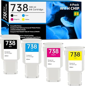 738 Ink Cartridge High Capacity 300ml with New Chip Repalcement for HP 738 Ink Cartridges 738XL 498N8A 676M6A 676M7A 676M8A for DesignJet T850 DesignJet T950 Printer, 4-Pack 738XL 738 Color Cartridges