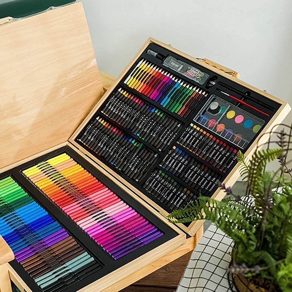 251 pièces Deluxe Art Set, Navette Art Art Art dans étui en Bois, Dessin de Peinture Kit d'art avec Crayons Pastels d'huile Aquarelle gâteaux Aquarelle Croquis pour Enfants Adultes
