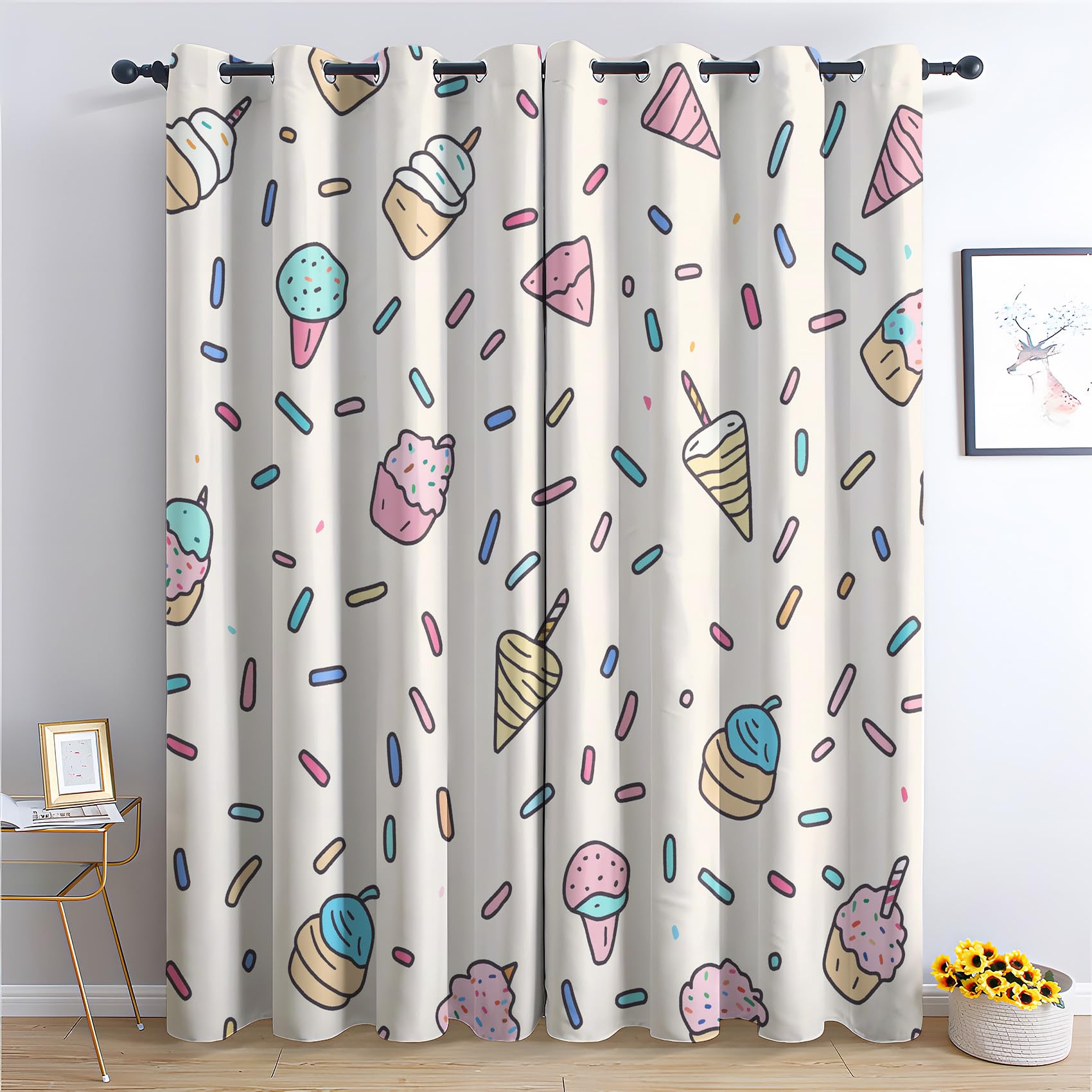 Ice Cream Curtains for Bedroom 108 Drop, Cute Cartoon Pattern Blackout Curtains for Living Room Home Decor, Eyelet Window Drapes, 90 x 108 Inch 2 Panels