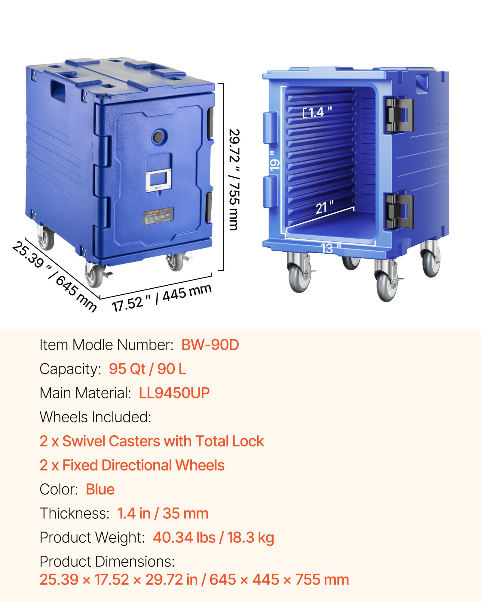 VEVOR Scatola per alimenti coibentato, Scatola calda 82 Qt per catering, Porta bevande per alimenti in LLDPE, Scaldavivande a caricamento frontale con maniglie con ruote per ristorante, mensa, ecc.