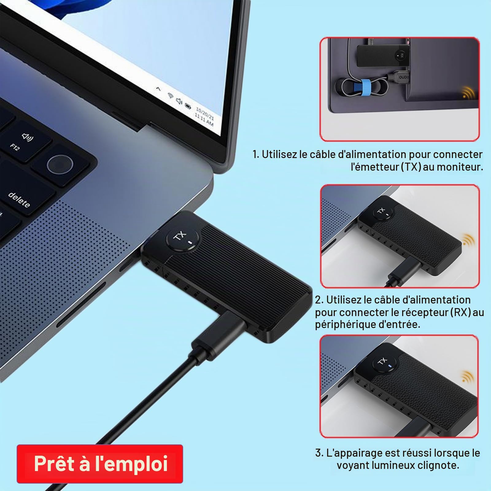 Transmetteur et récepteur HDMI sans fil, prolongateur HDM de 165FT/50M, décodage 4K sortie 1080P,Plug&Play 5G+2.4G pour le streaming vidéo et audio vers un moniteur depuis un ordinateur portable/PC/TV