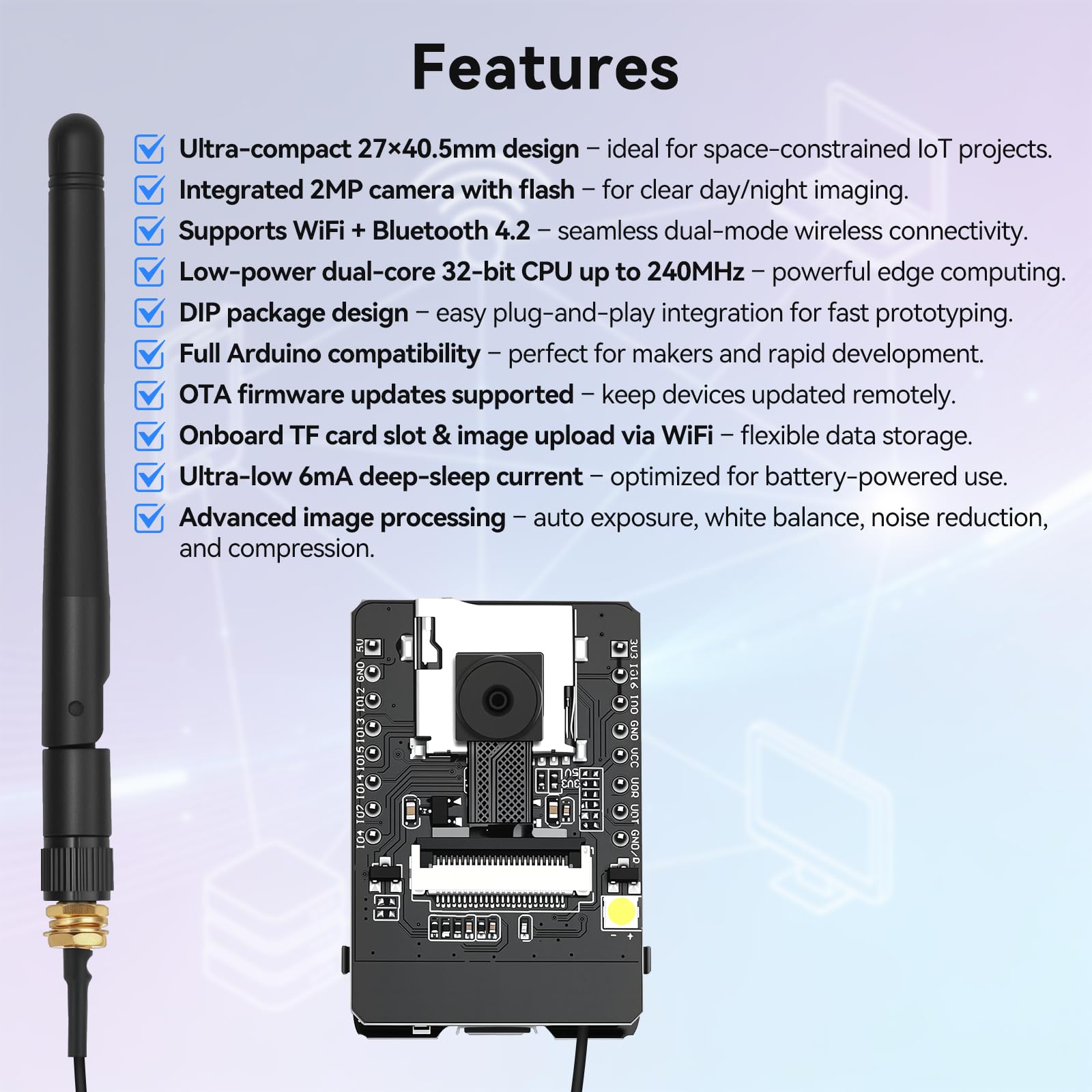ESP32-CAM-AI-Thinker Board Lot de 3 cartes de surveillance avec antenne de caméra OV2640, module de microcontrôleur ESP32 pour projets IoT, Wi-Fi Bluetooth double mode 2 MP caméra micro USB TF prise