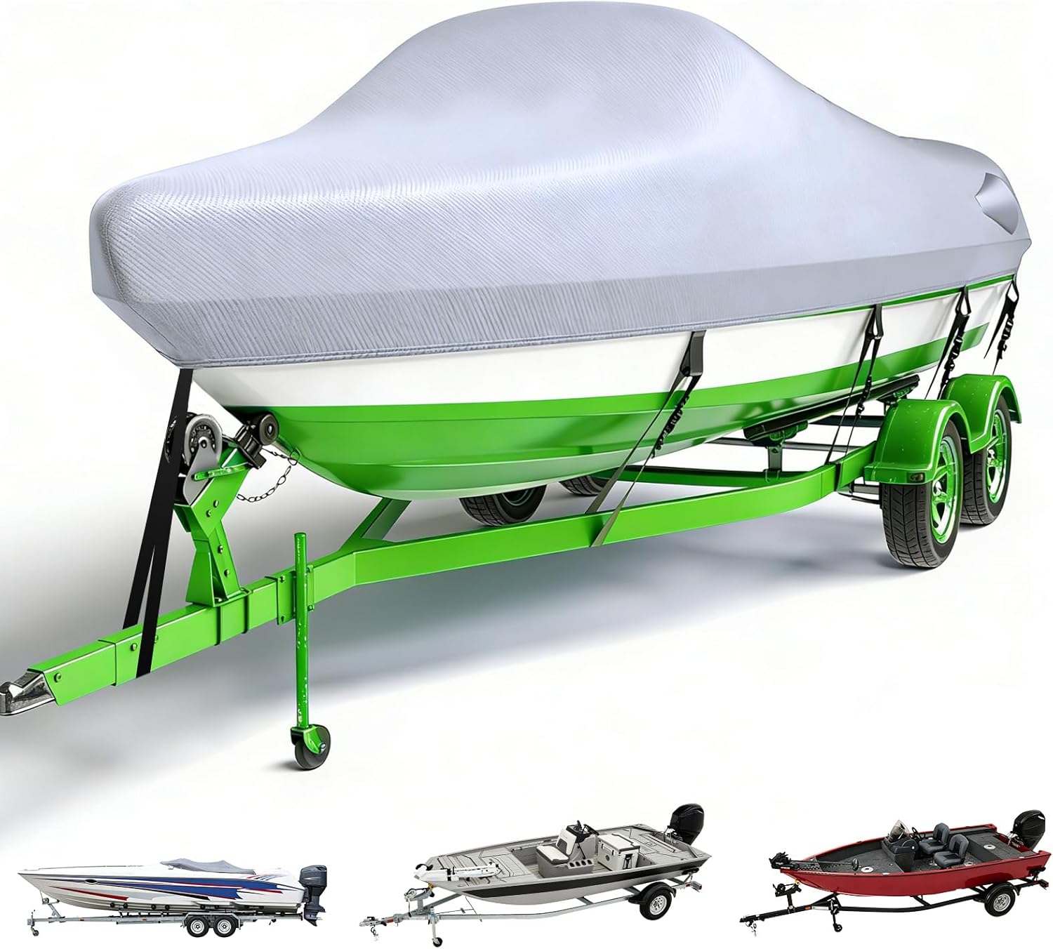 SPORTYOUTH Trailerable Boat Cover 17-19 Ft Heavy Duty Marine Grade Waterproof Tarp Covers Fit V-Hull, Tri-Hull, Fishing Boat, Fish & Ski, Runabout, Bowrider, Pro-Style Bass Boats, 100" Wide