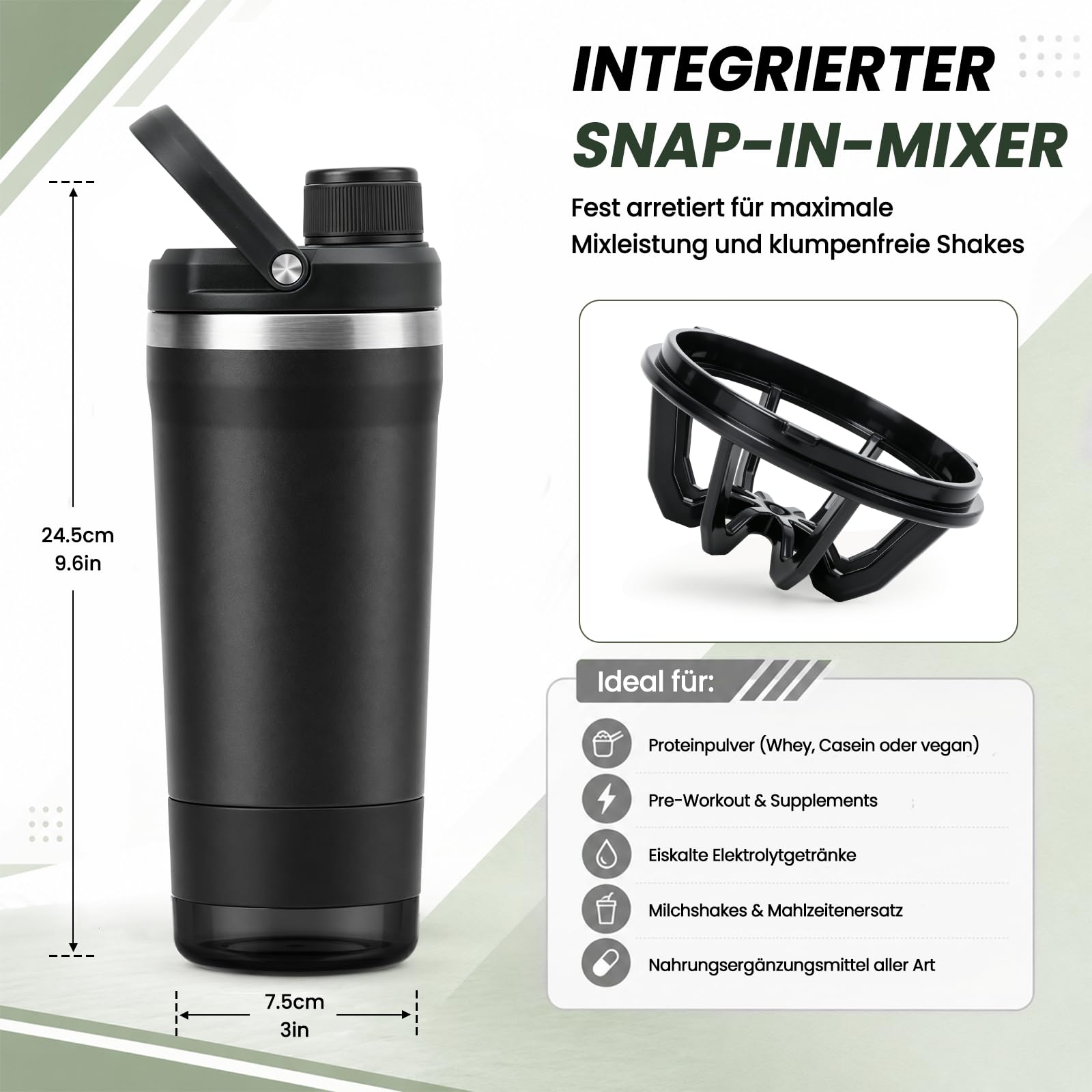 Shaker Edelstahl 700ml, Edelstahl Shaker Doppelwandig mit Pulverfach, Proteinshaker mit Innenskalierung für eisgekühlte Proteinshakes, Klumpenfrei, Auslaufsicher für Freizeit und Sport, BPA-Frei