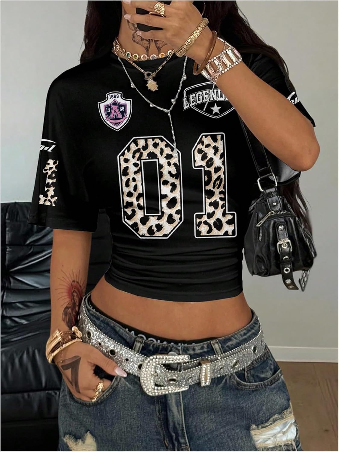 SOLY HUX Women's Y2k Jersey Shirt Leopard Number Graphic Tees Short Sleeve Ruched Crop Tops Streetwear - Image 5