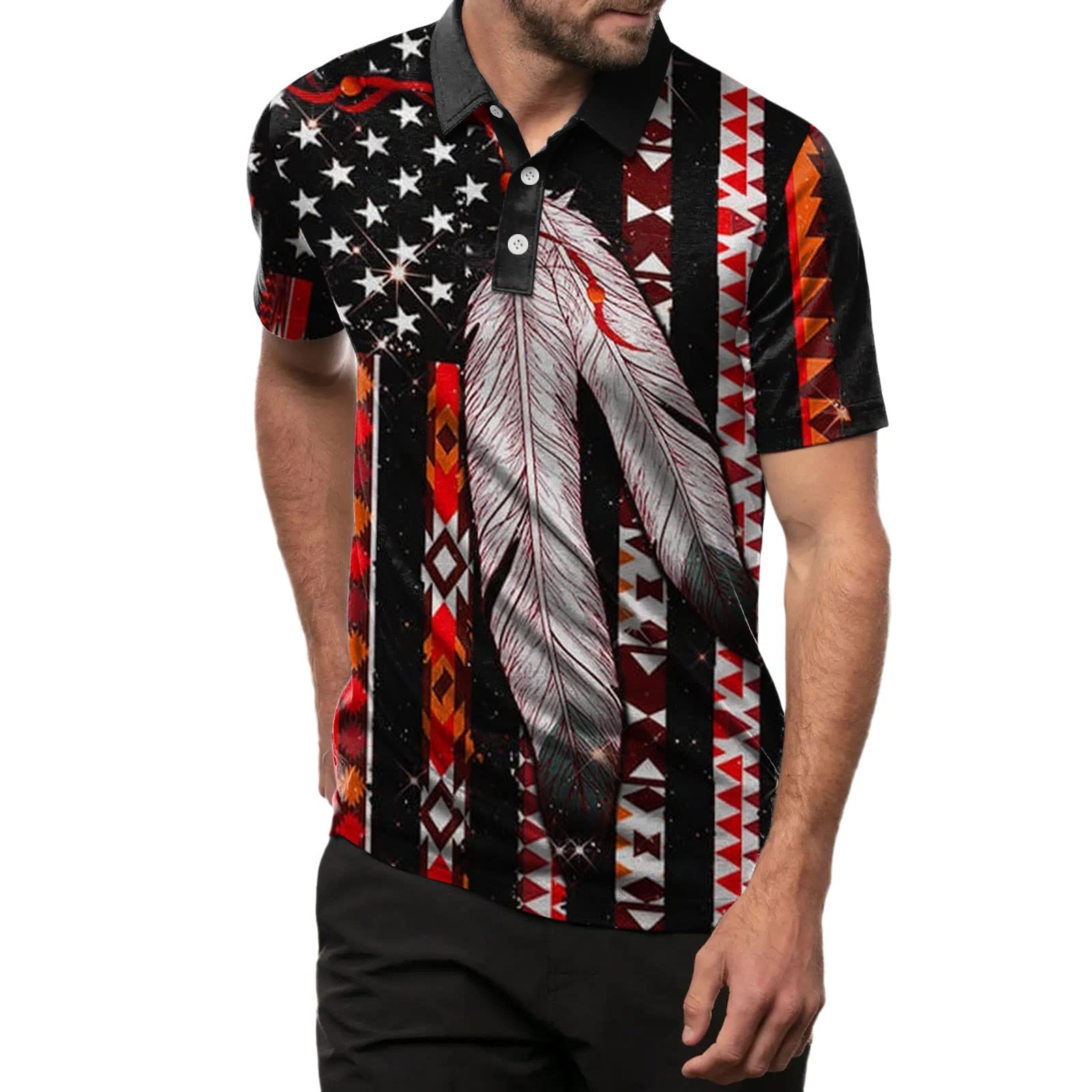 Polo T Shirts for Men Short Sleeve USA Flag Quarter Button T-Shirts July 4th Cotton Casual Lightweight Patchwork Golf