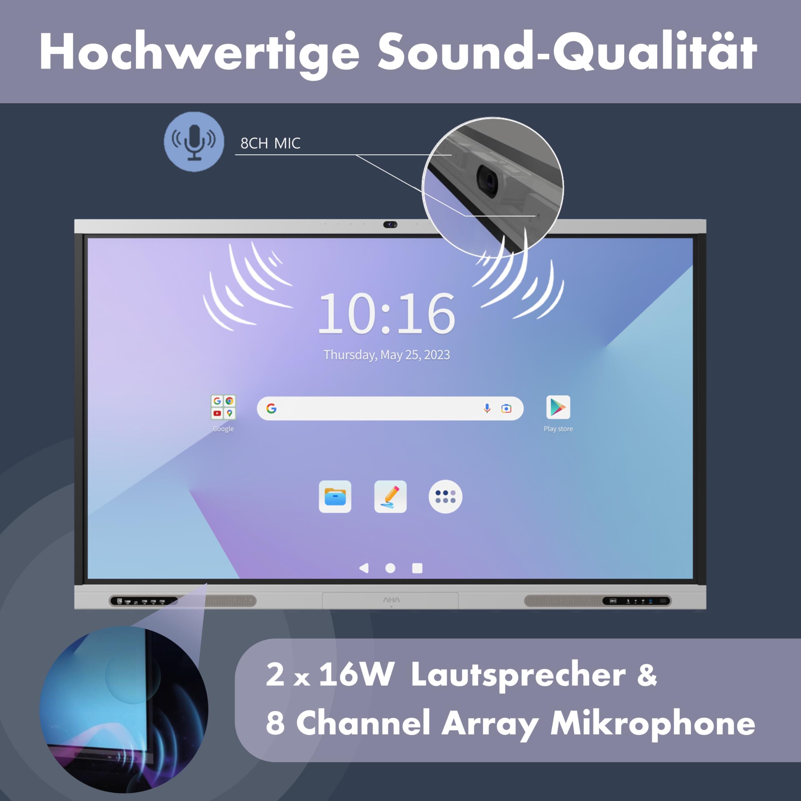 Interaktives Whiteboard 65 Zoll mit Video-Kamera, Google-EDLA & Office (4K UHD) 2.4G WiFi - Digitales Smart-Board & Tafel für Schule & Unternehmen - Flipchart Monitor Touch-Screen