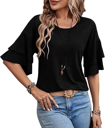Womens Crew Neck Double Ruffle Short T-Shirt Spring Summer Fall Tops