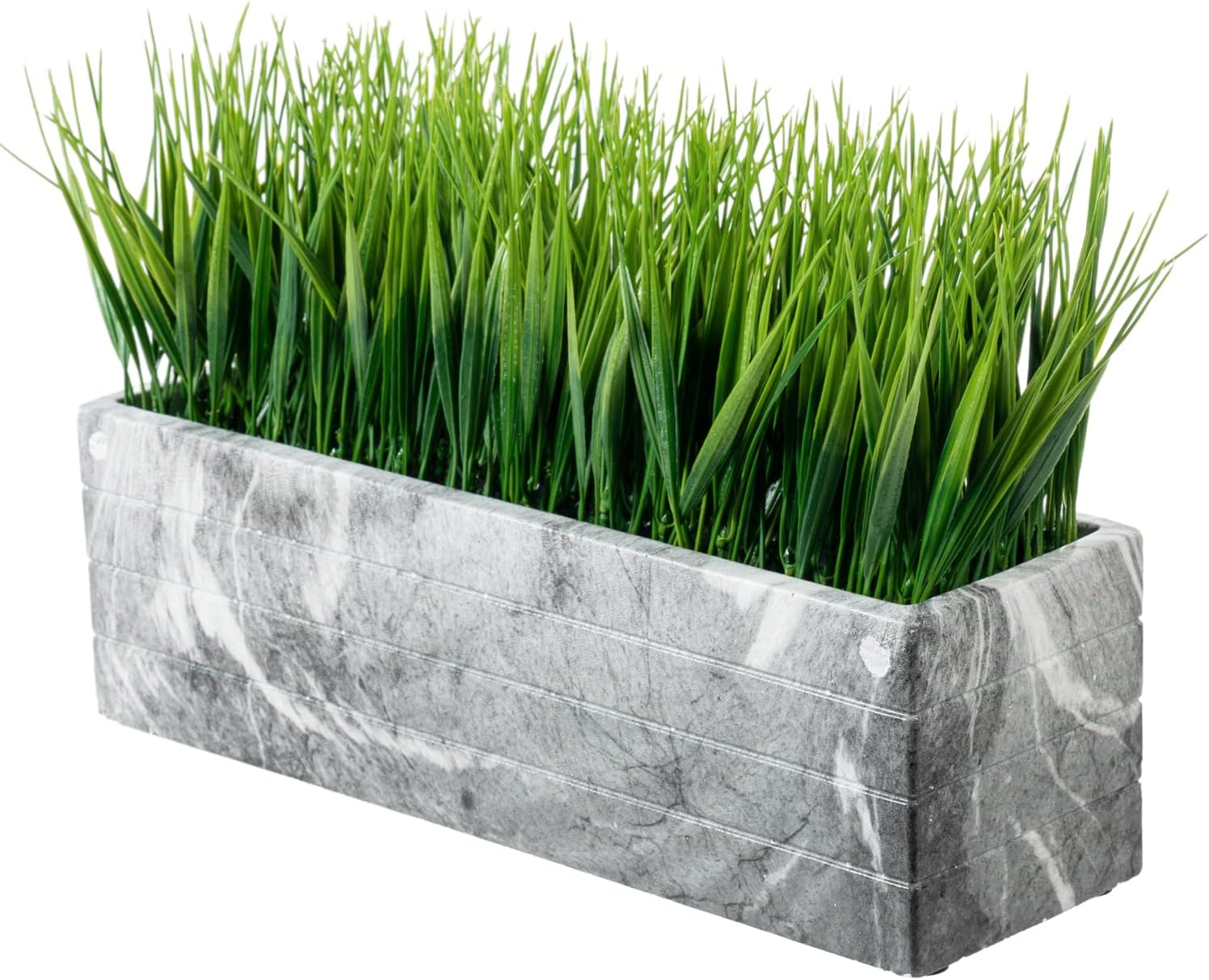 MyGift 14 Inch Artificial Green Grass Plant in Modern White Concrete Planter Window Box, Tabletop Faux Greenery in Decorative Rectangular Cement Container