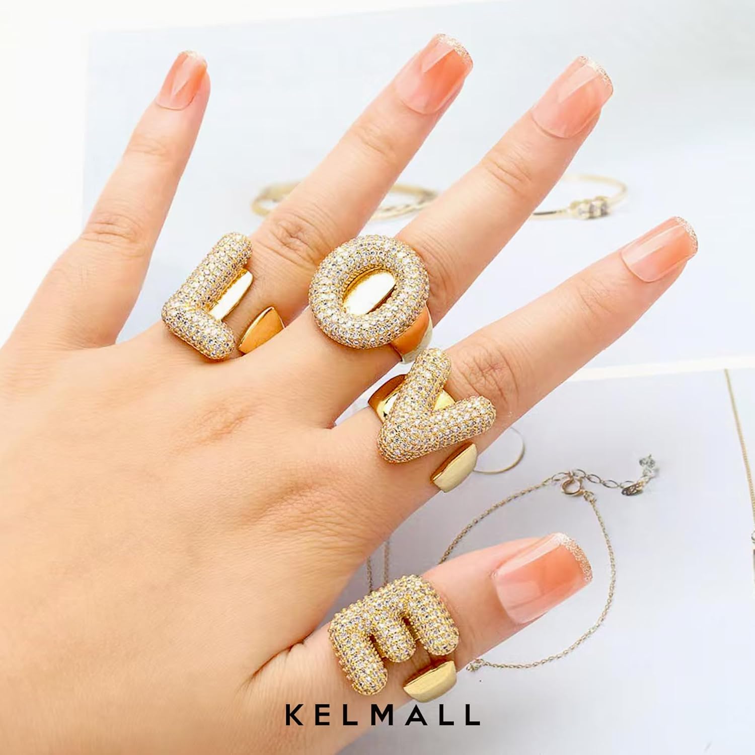 KELMALL Gold Plated Bubble Initial Rings for Women - CZ Rhinestone A-Z Letter Adjustable Chunky Statement Rings - Personalized Alphabet Jewelry Gift - Image 4