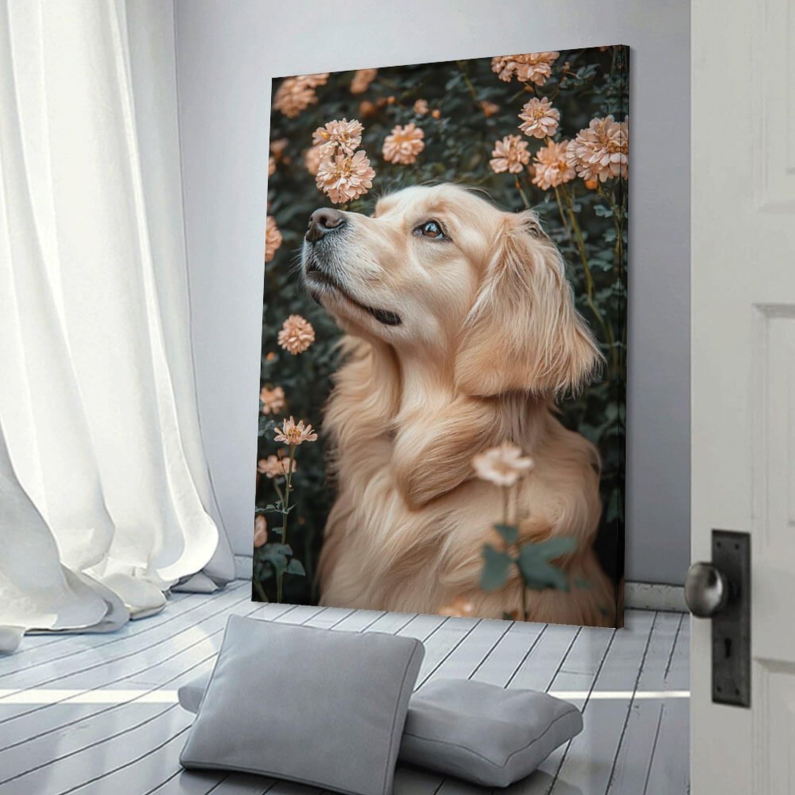 Junmoney Frame-Style-7-1 Golden Retriever In A Flower Garden Wall Art Print, 20X30inch(50X75cm), For Corridors, Hallways Or Apartment Entries, Wall Decor To Refresh Empty Corners
