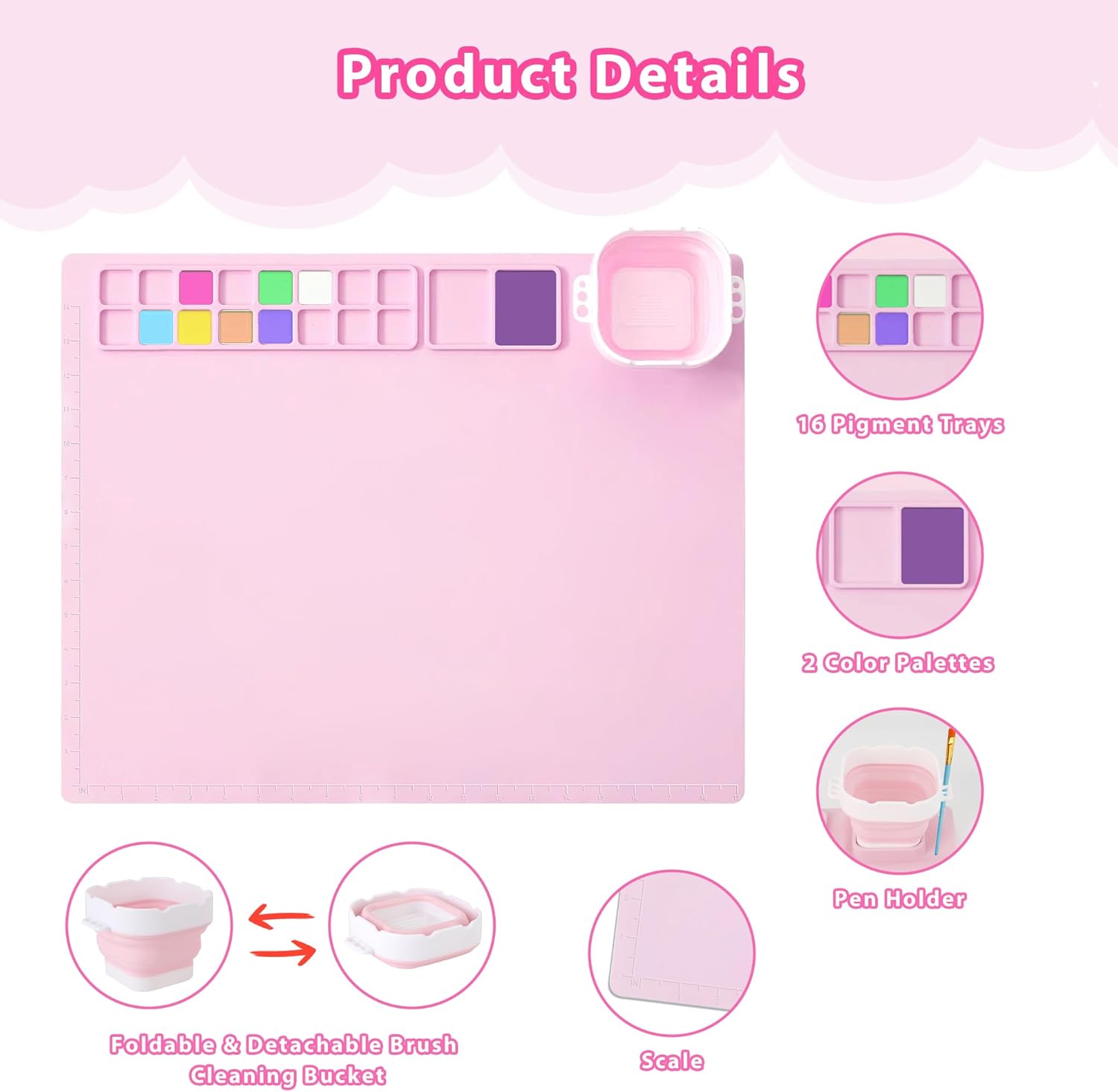 MEKOTRIN Silicone Painting Mat, 20"X16" Art Mat with Cup and Palettes, Silicone Craft Mat has 16 Color Dividers, Paint Mat for Artist Clay DIY Creations(Pink)