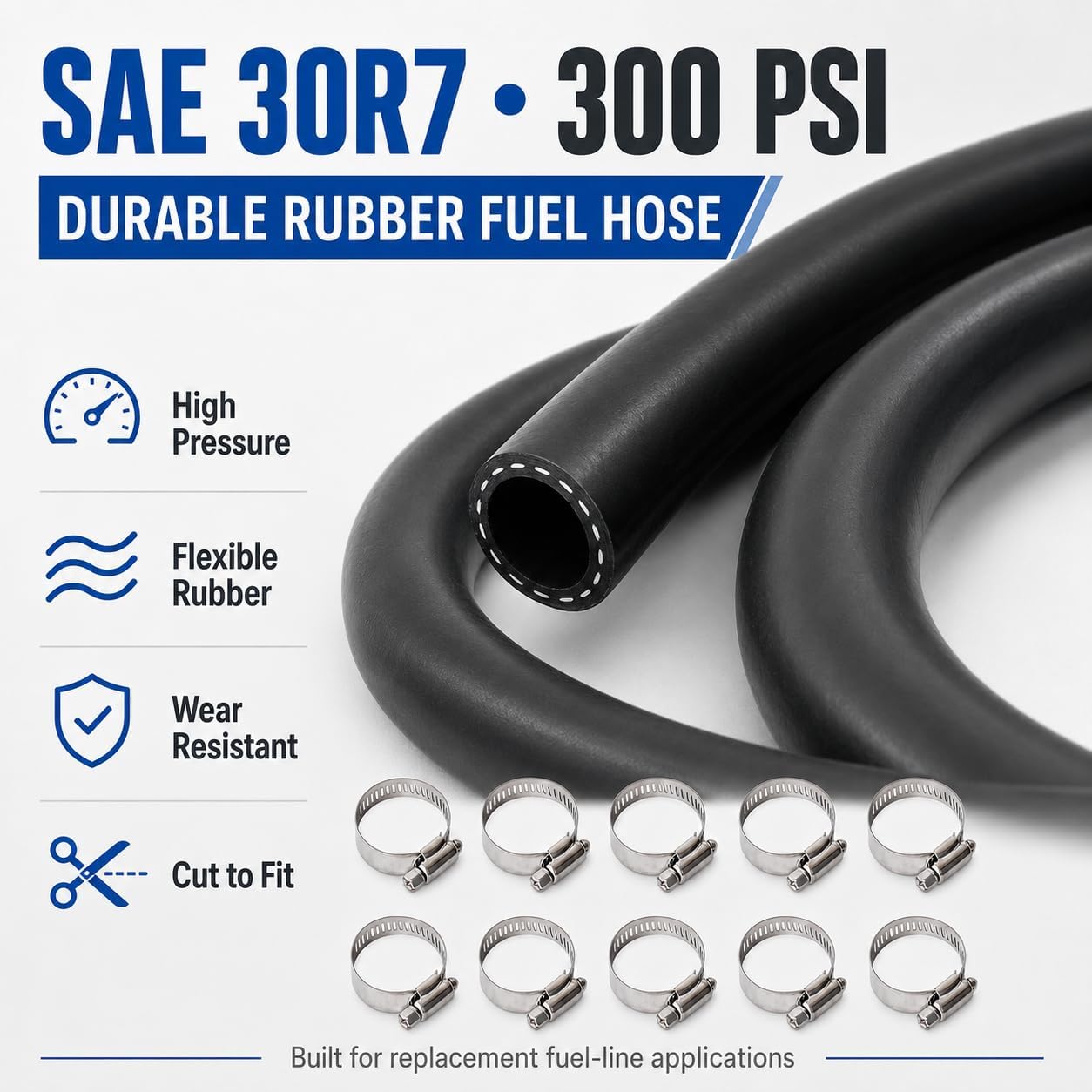 Fuel Hose Line Fits for Small Engines,25FT Rubber Push Lock High-Pressure Hose SAE 30R7 300PSI With 10 Clamps
