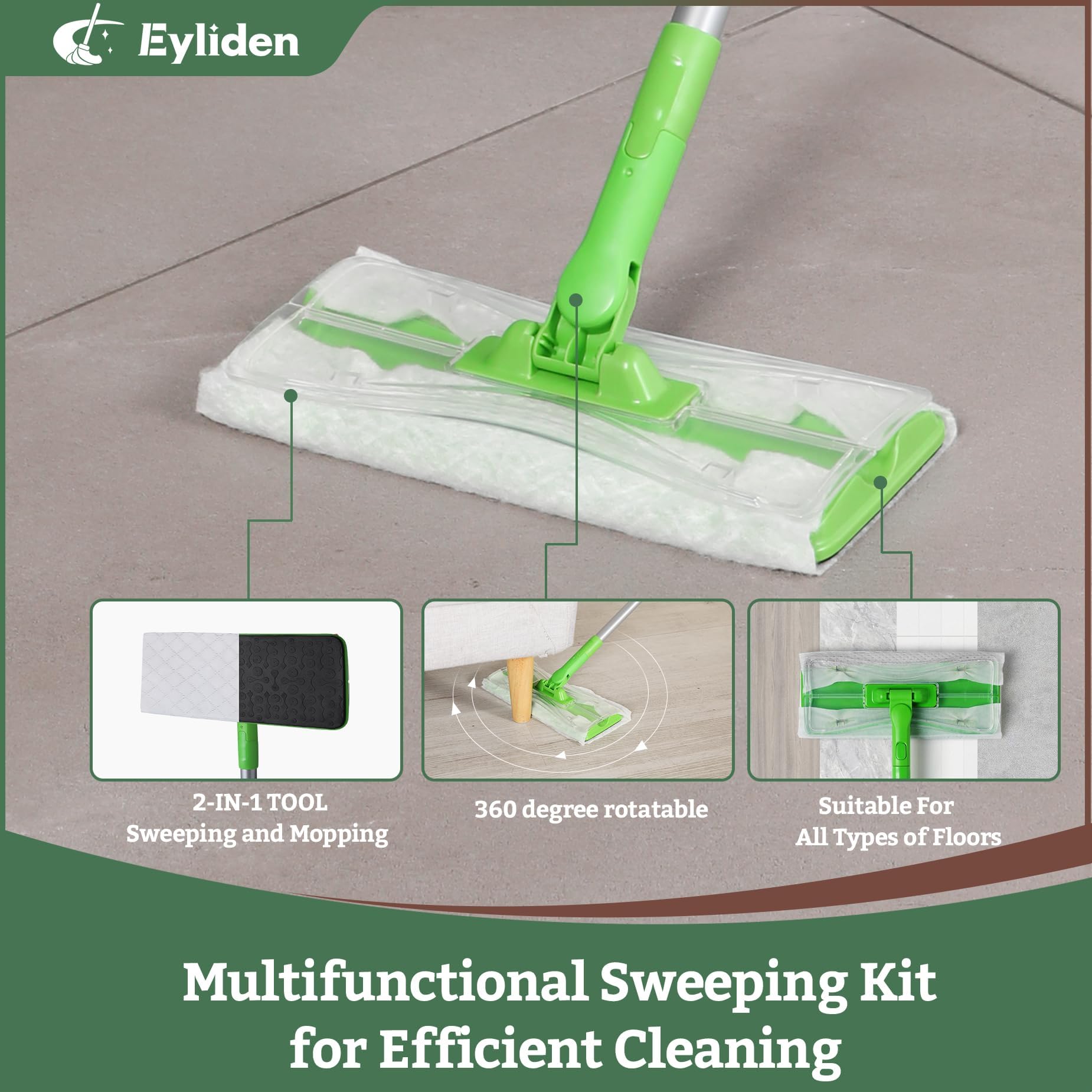 Eyliden Kit de iniciación de fregona con 36 recambios (12 toallitas húmedas + 24 paños Secos), fregonas Desechables 3 en 1 para Limpiar Suelos, mopas de Suelo seco y húmedo para Azulejos de Madera