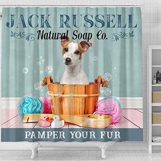 Jack Russell Dog Printed Shower Curtain, Jack Russell Natural Soap Co. Pamper Your Fur Shower Curtain, Bathroom Decor Polyester Fabric Bath Curtains with Hooks
