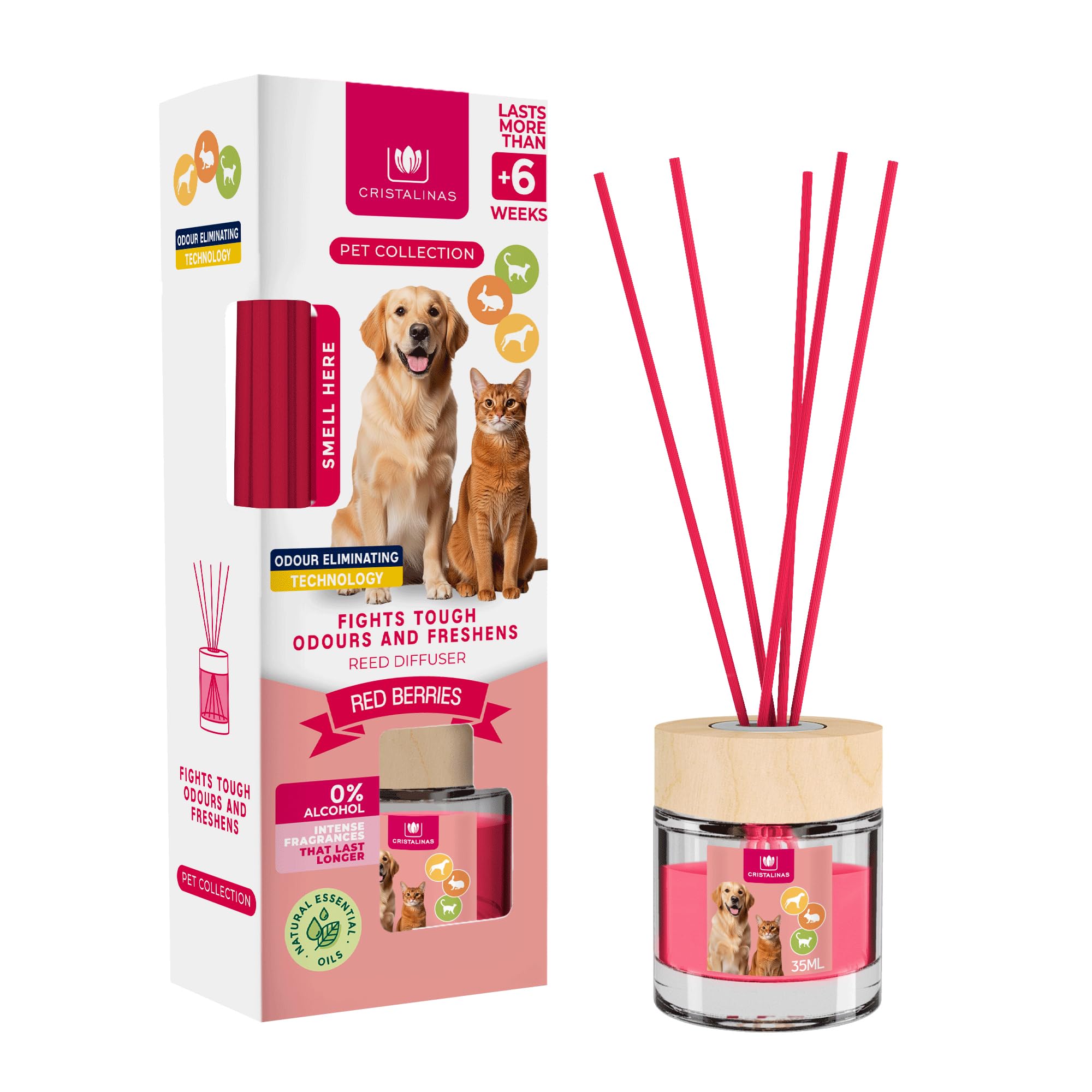 CRISTALINAS Pet Odour Remover Reed Diffuser - Red Berries Scent Air Freshener - 35ml Home Air Fresheners - Long Lasting Continuous Home Fragrance Up To 6 weeks - Reed Diffusers with Essential Oils