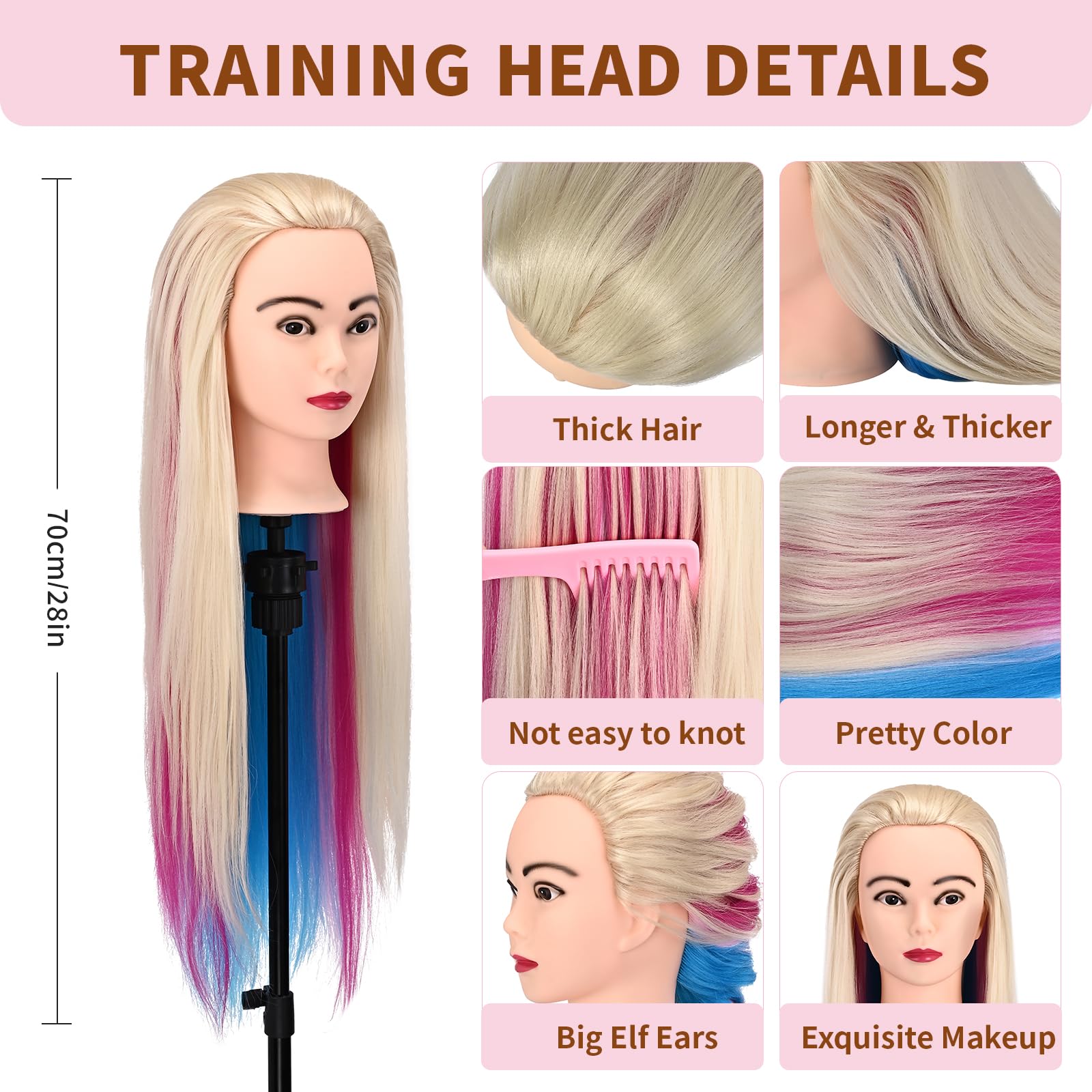 28" Mannequin Head With Hair Cosmetology Manikin Practice Braiding Hair Doll Head For Hair Styling Hairdressing Head For Braiding With Free Wig Head Stand Hair Styling Tools Set (Multicolor) - Image 2