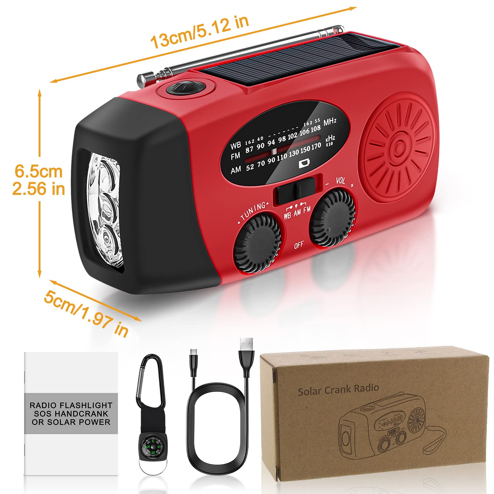 Przenośne radio solarne Radio awaryjne pogodowe 2000 mAh Korba radia z radiem AM/FM/NOAA Dynamo IPX3 Ładowanie telefonu z latarką LED Alarm SOS Kabel USB do turystyki pieszej kemping