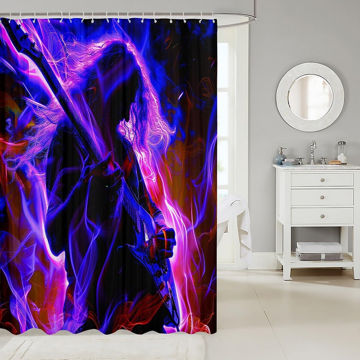 Erosebridal Rock and Roll Shower Curtain Guitar Silhouette Bathroom Shower Curtain Sets Beth Rock Music Themed Bath Curtain, Purple and Pink Fire Flame Hip Hop Hippie Fabric Shower Curtain 72" Wx72 L image 2