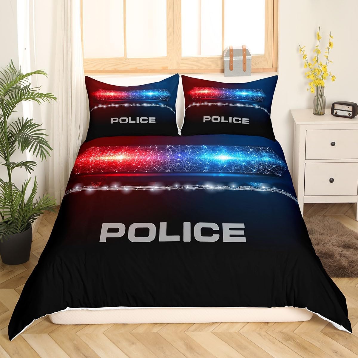 Feelyou Police Comforter Cover Set Police Car Blue Red Lights Bedding Set for Kids Boys Girls Police Gangster Duvet Cover Public Security Quilt Cover with 2 Pillowcase 3Pcs Queen Size