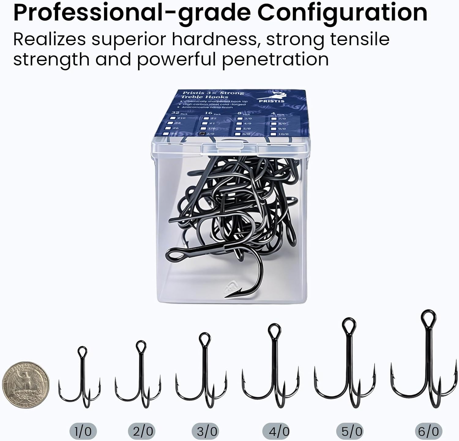 Pristis 3X Strong Fishing Treble Hooks, High Carbon Steel Sharp Barbed Tripple Round Bend Hook Kit Set for Lure Bait, Needle Point for Saltwater Freshwater Bass Trout Tuna Catfish Pike