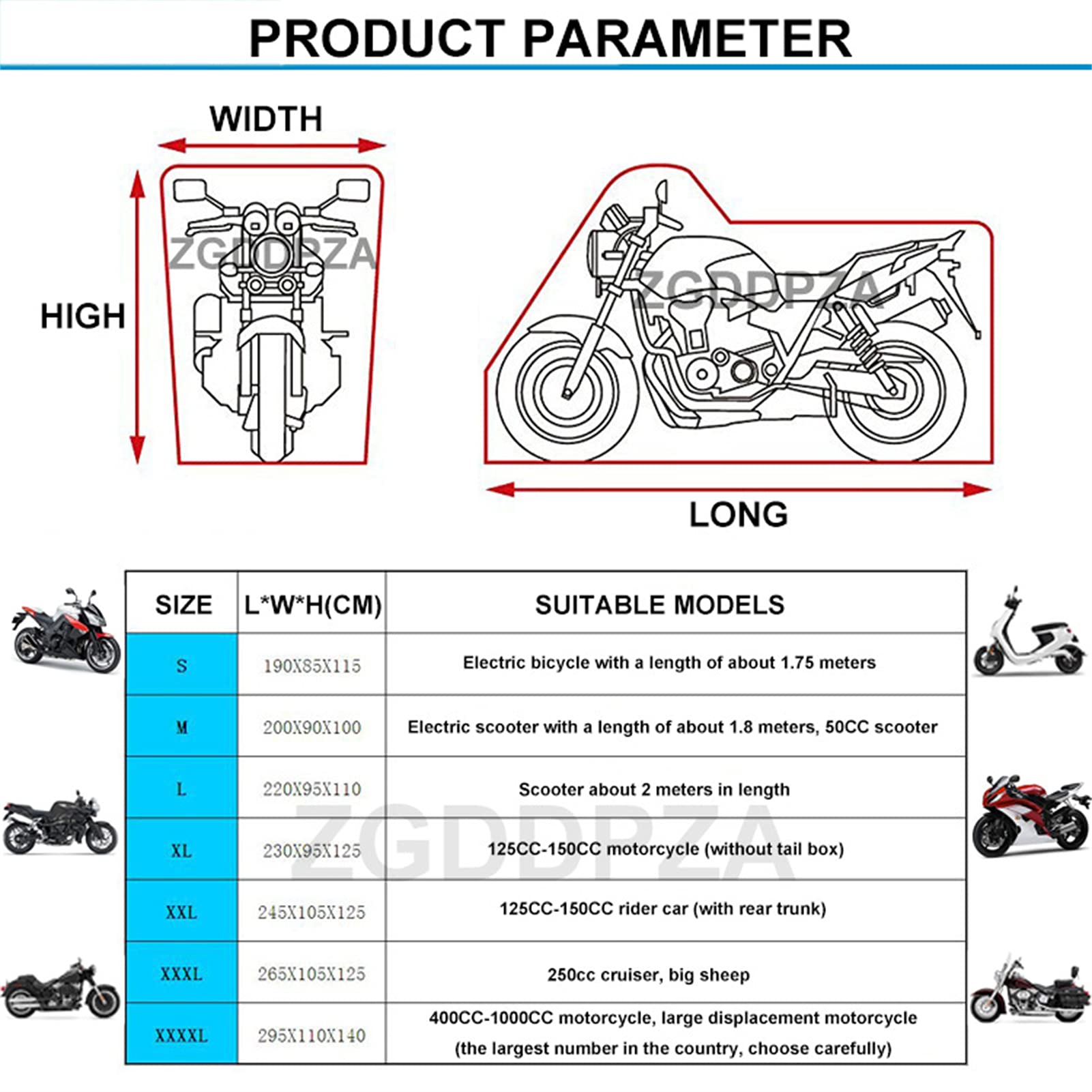 Pokrowiec na motocykl, pokrowiec przeciwdeszczowy na motocykl 210D poliester wodoodporny odporny na promieniowanie UV ptak ochrona na zewnątrz z otworami na zamek torba do przechowywania (czarny, 3XL)