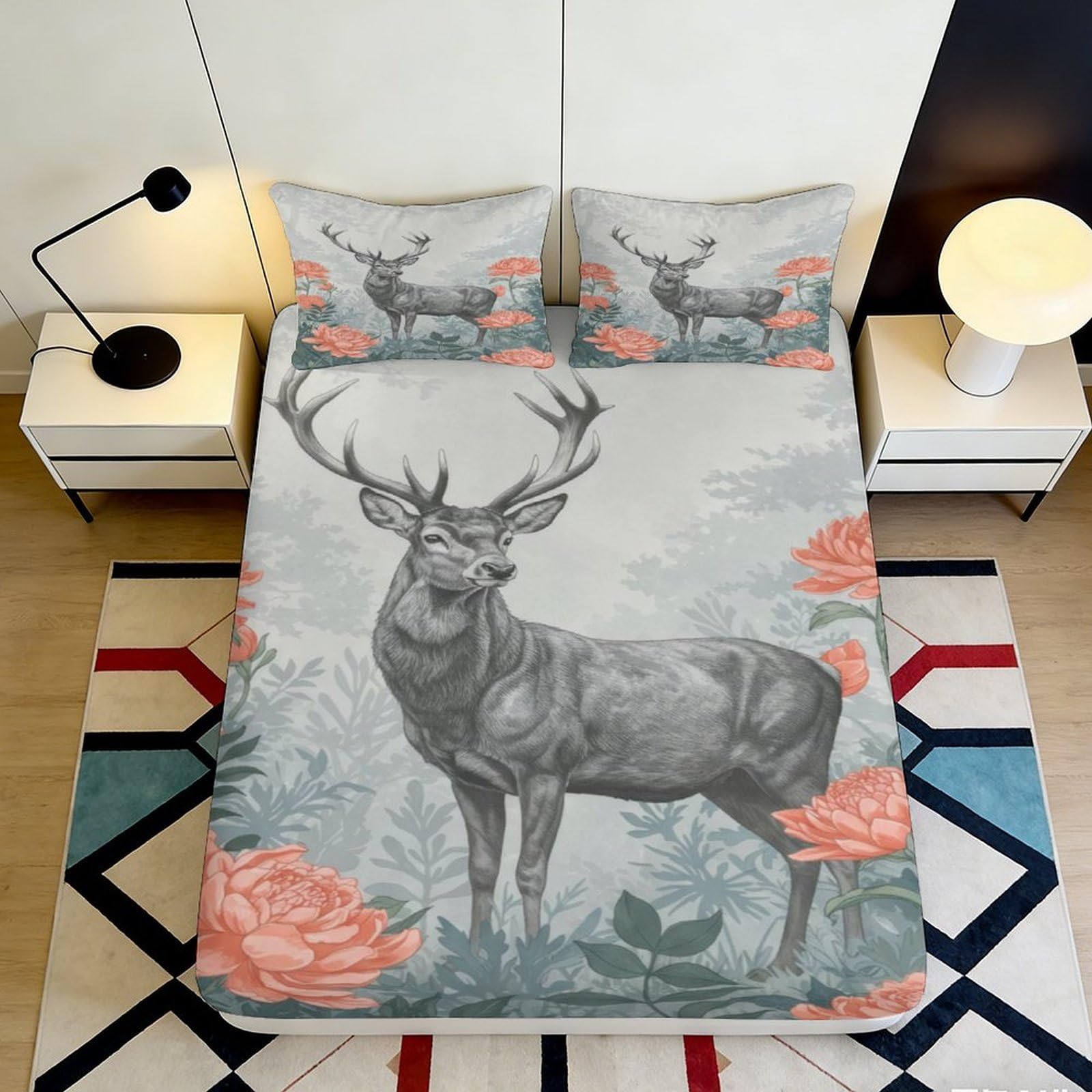 3D Printed Deer Floral Fitted Sheet Microfiber Soft Breathable Stag Bed Cover for Bedroom Dormitory Guest Room Mattress Protection Decor 140x200x25cm