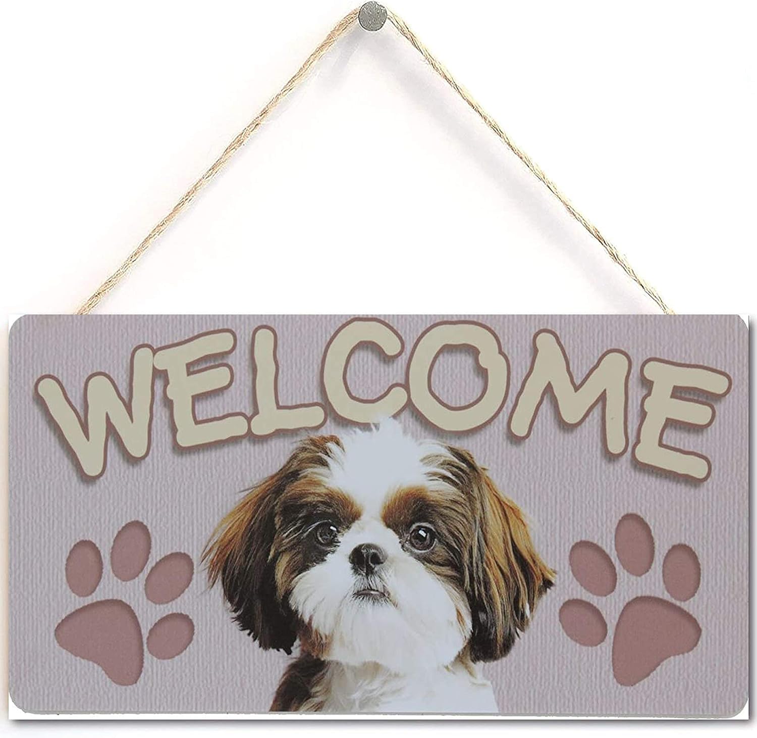 Pibonto Women's Wall Art 5X10 Inch Dog Plaque Sign Shih Tzu Welcome Sign With Dog Footprints Sign Plaque