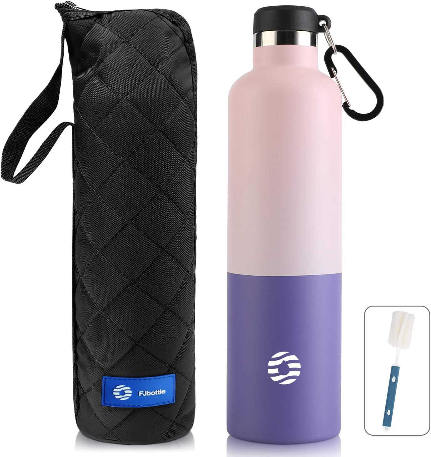 FEIJIANStainless Steel Water Bottle 1 Litre with Carabiner - Leak-Proof Thermos Flask for Carbonated Coffee Tea BPA-Free Sports Outdoor Water Bottle for Sparkling University, School, Camping, Bicycle