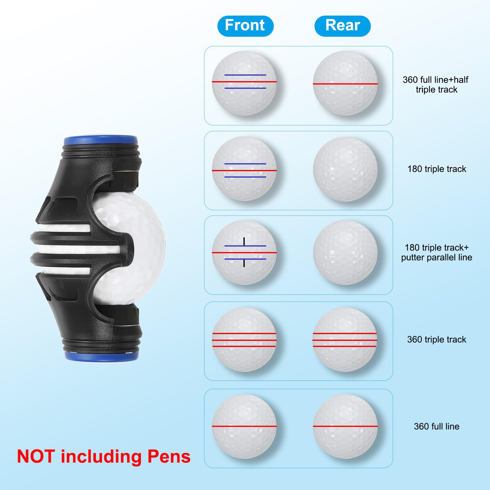 PATIKIL 2 Pz Golf Ball Marker Stencil 360 Gradi Triple Track Golf Ball Alignment Marking Tool Line Drawing Marker per Uomini Donne, Nero/Blu