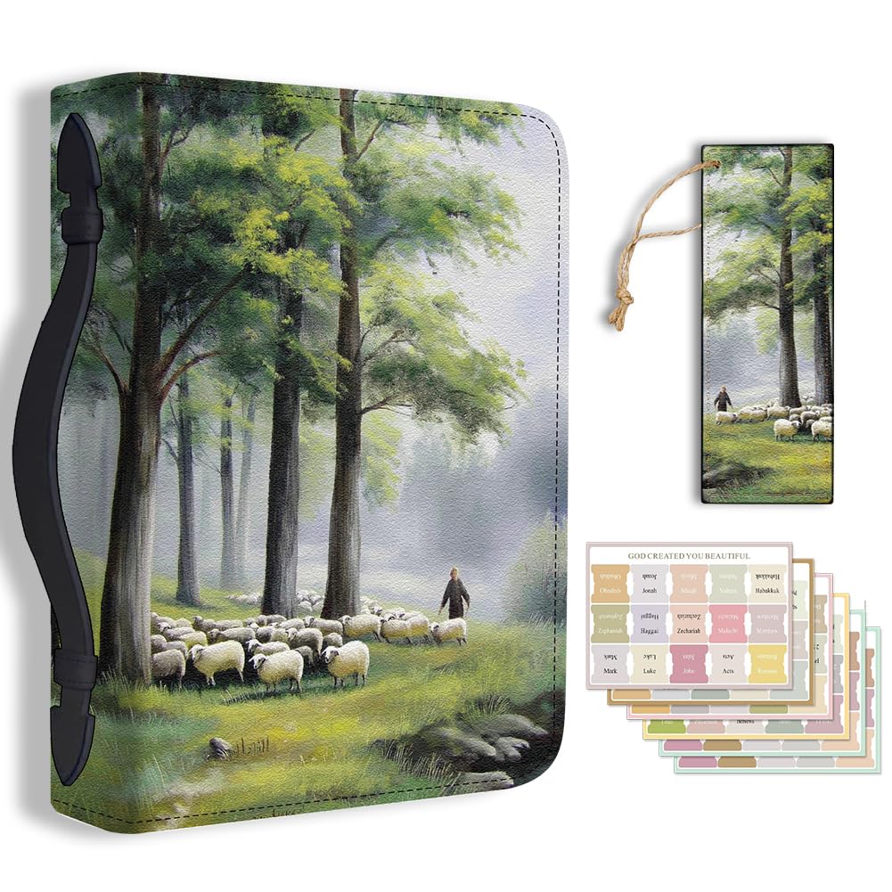 Hobbspring Fields Bible Cover Case for Men Women Forest Sheep Cute Bible Cover with Bookmark Nature Grasslands Carrying Book Cases with Handle and Zipper PU Leather Bag for Adults Students(Green) — image 1