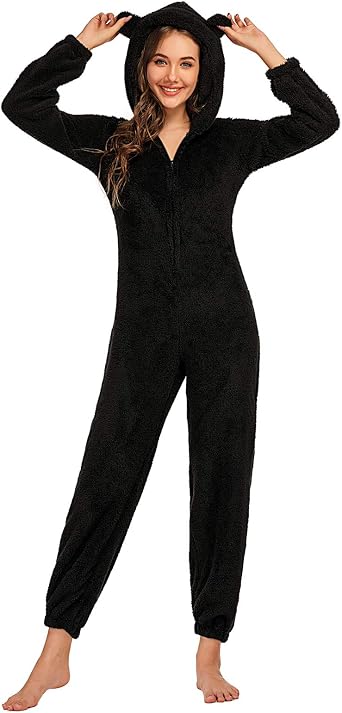 Women One Piece Fuzzy Warm Sherpa Hooded Pajamas Jumpsuit Zip Up Onesie Sleepwear with Bear Ear Nightwear