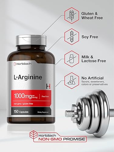 Miniatura 4 de Horbäach L Arginine 1000mg Cápsulas | 150 pastillas en polvo | Forma libre | Suplemento sin OMG y sin gluten