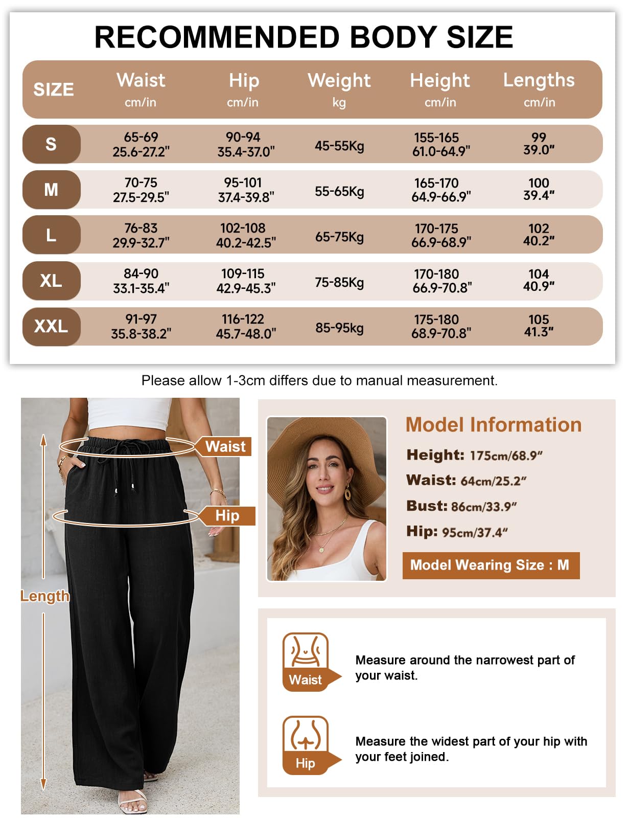 CMTOP Femme Pantalon Fluide Été Lin Pantalons Taille Haute Elastique Pantalons Jambe Large Ample Pantacourt Plissé Décontracté Léger Longueur Pants de Plage avec Poches