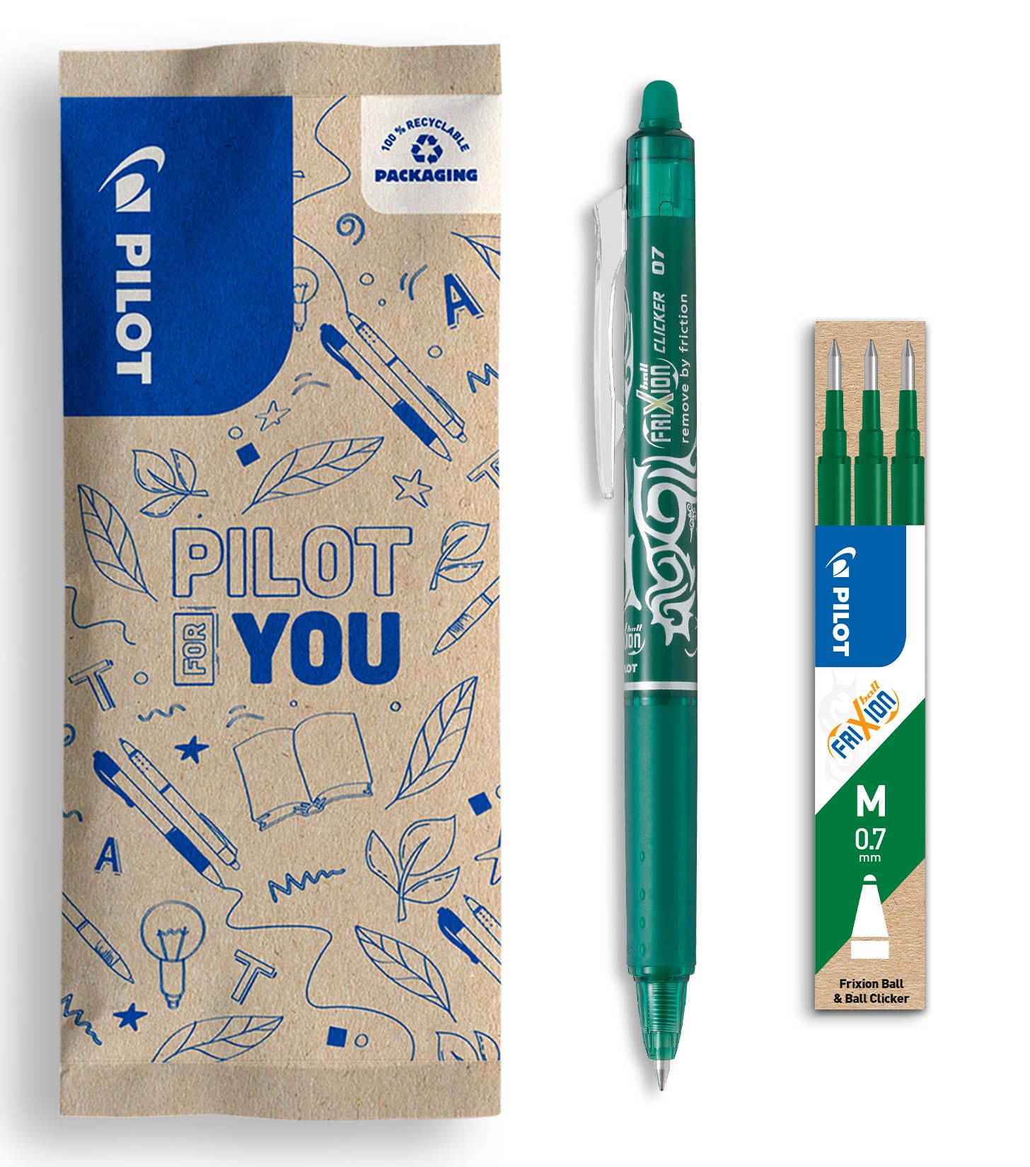 PILOT - Set de 1 Frixion Ball Clicker + 1 Set de 3 recambios - Bolígrafo retráctil borrable con tinta termosensible - Rollerball recargable y ergonómico - Verde - Punta media
