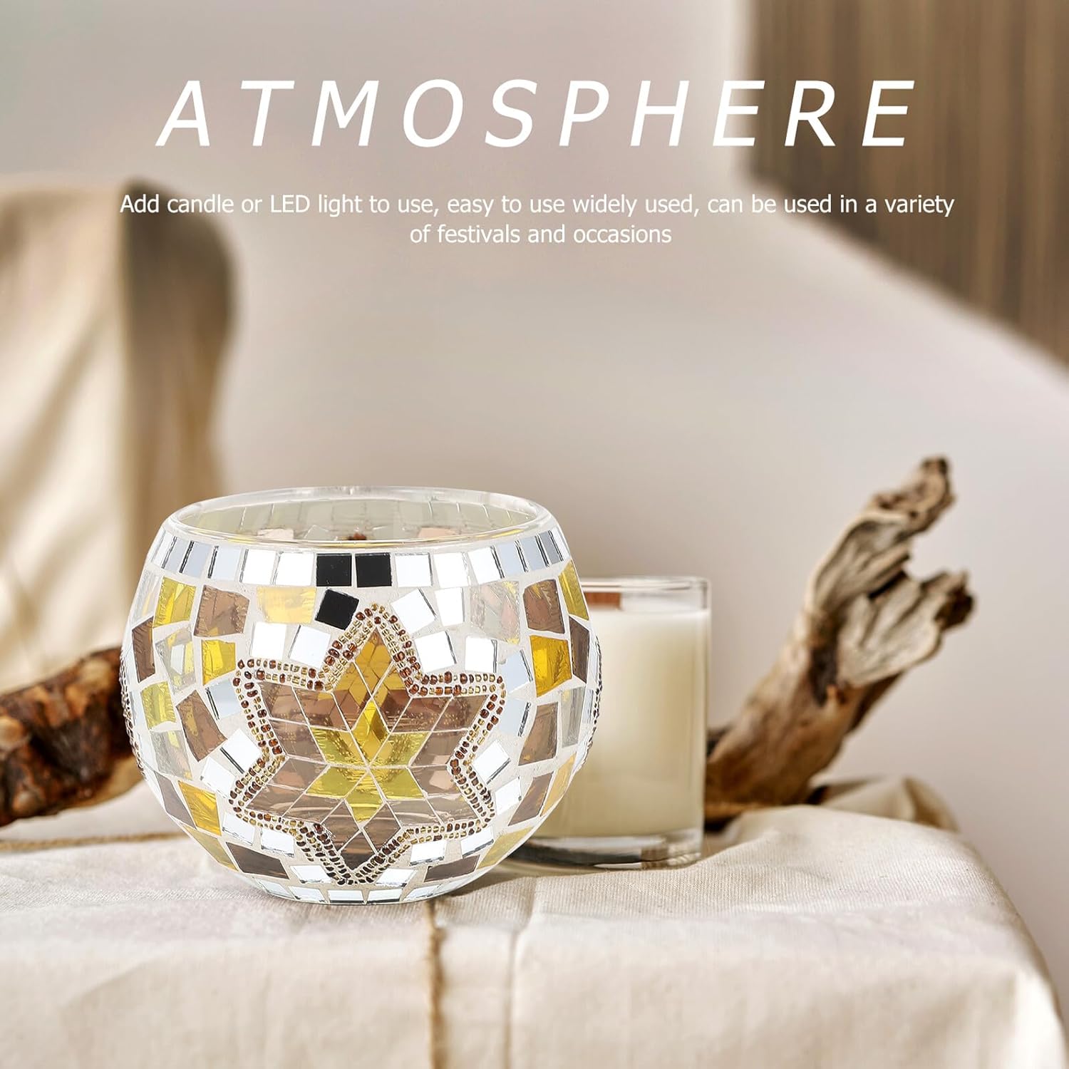 European Mosaic Glass Candleholder Set 3pcs Wavy Pattern, Gold Snowflake Colorful Flags Designs, Decorative Table Candle Container for Romantic Dinner and Bar Décor