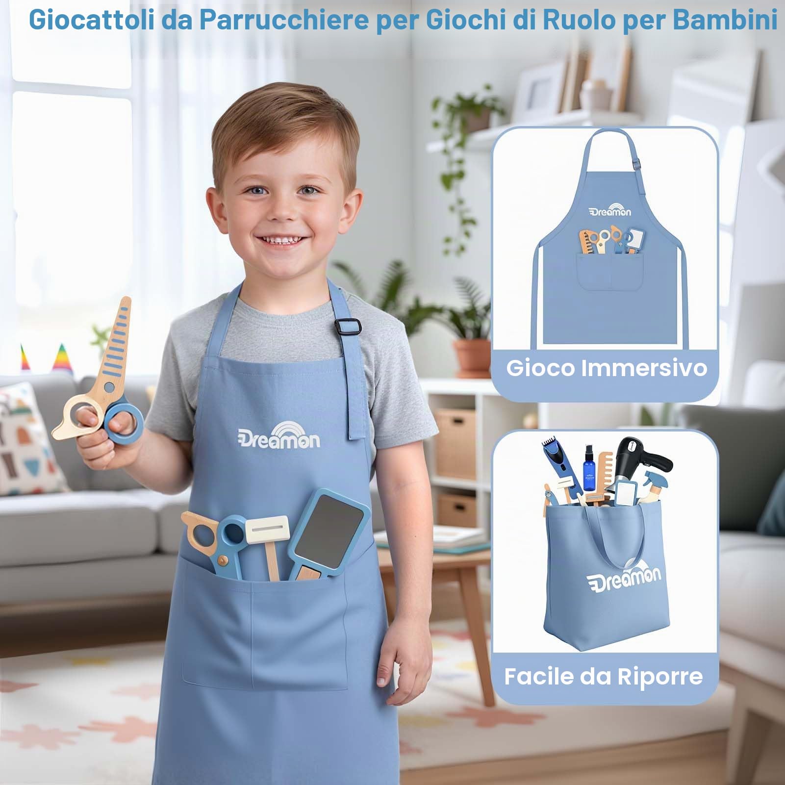 Dreamon Barber Shop per Bambini di Legno, Set da Parrucchiere di legno per Bambini con Asciugacapelli Rasoio Barba Finta Grembiule e Borsa Portaoggetti Regalo per 3 4 5 6 7 Anni