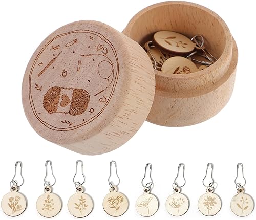 Marcadores de puntada con caja de almacenamiento de madera para tejer y tejer a ganchillo, patrón de flores, agujas, clips de aguja, herramientas de