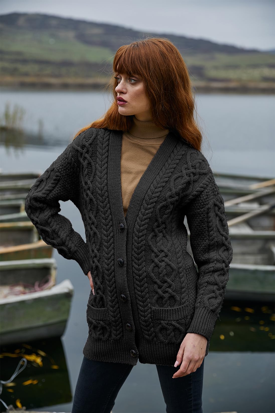 SAOL Cárdigan de punto trenzado 100 % lana merino, con botones, manga larga con bolsillos para mujer
