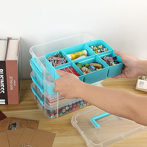 Miniatura 7 de JUXYES Caja de almacenamiento apilable de 4 niveles con 2 bandejas divididas, contenedor de almacenamiento apilable transparente con asa y tapa con