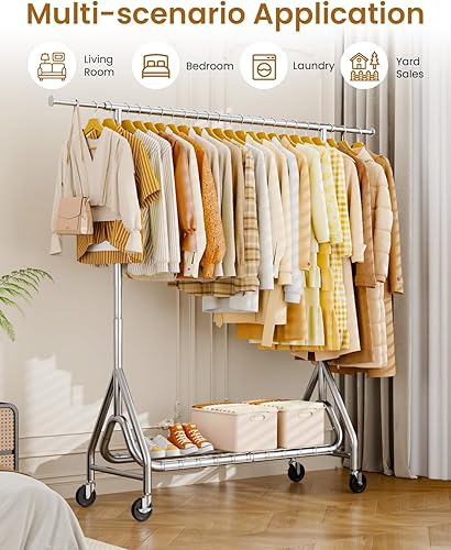 Miniatura 8 de Perchero de ropa resistente, perchero de metal con carga de 450 libras, percheros enrollables para colgar ropa con ruedas con cerradura, percheros