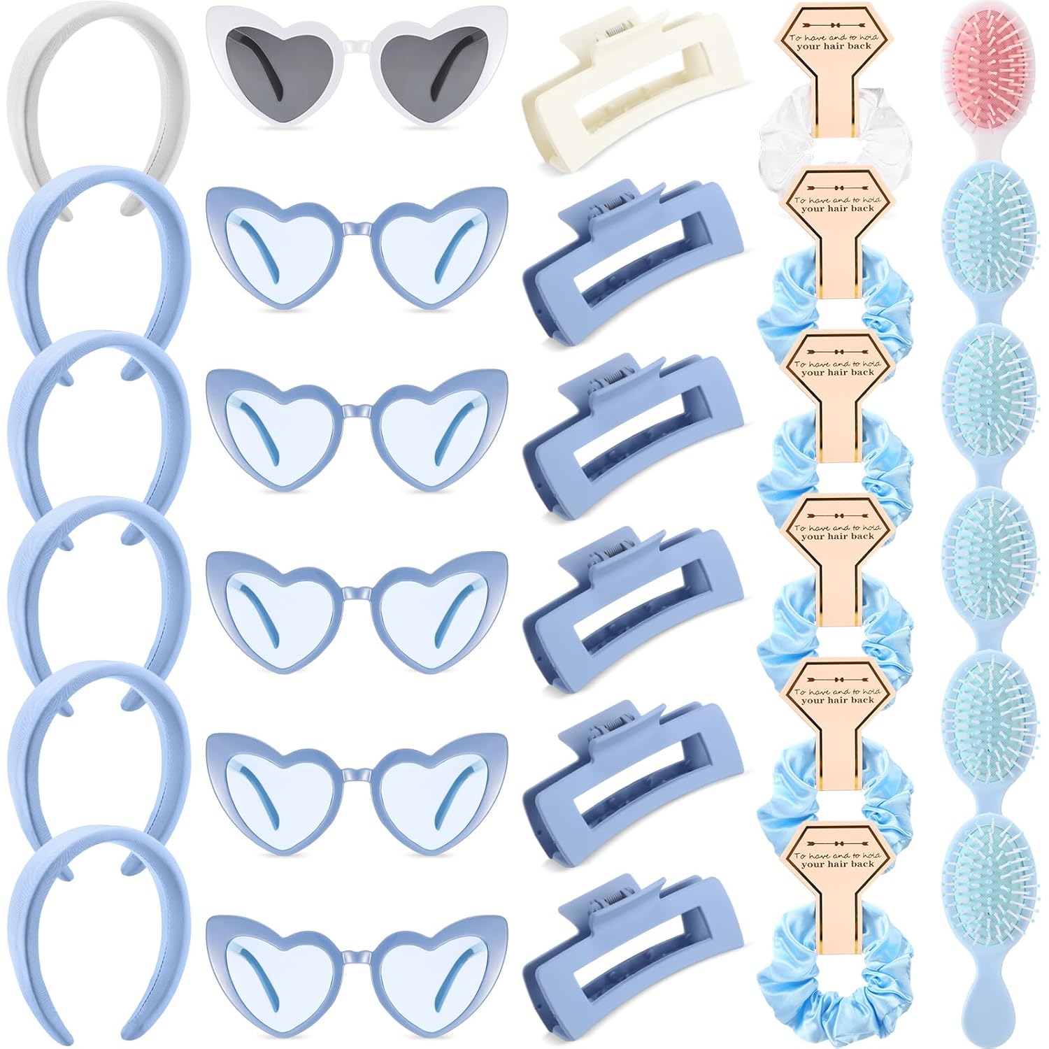 30 Pcs Bridesmaid Proposal Gifts Include Bridesmaid Scrunchies Gifts Spa Headband Square Hair Clips Heart Sunglasses Hairbrush for Bridal Shower Bachelorette Wedding Party Favor (White,Blue)