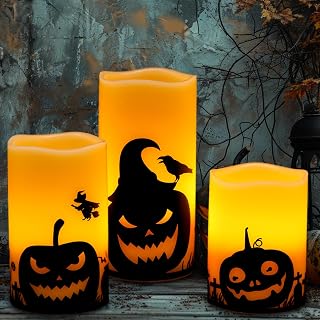 GenSwin Halloween Pumpin Flameless Candles, LED Battery Operated Pillar Pumpkin Candles with 6H Timer, 3 Pack LED Flickering Candles for Fall Spooky Halloween Decoration(D3 xH4 5" 6")