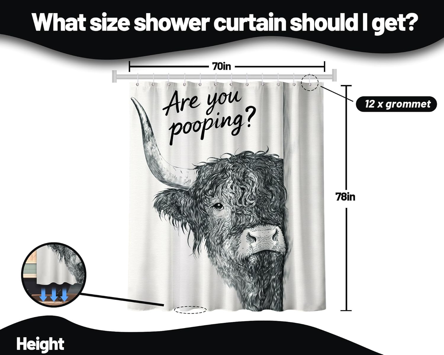 Highland Cow Shower Curtain Western Farmhouse Cattle Fun Men Shower Curtains for Funny Farm Animals Bathroom Decor Sets, Waterproof Cloth Fabric with Hooks, 70x78 Inch