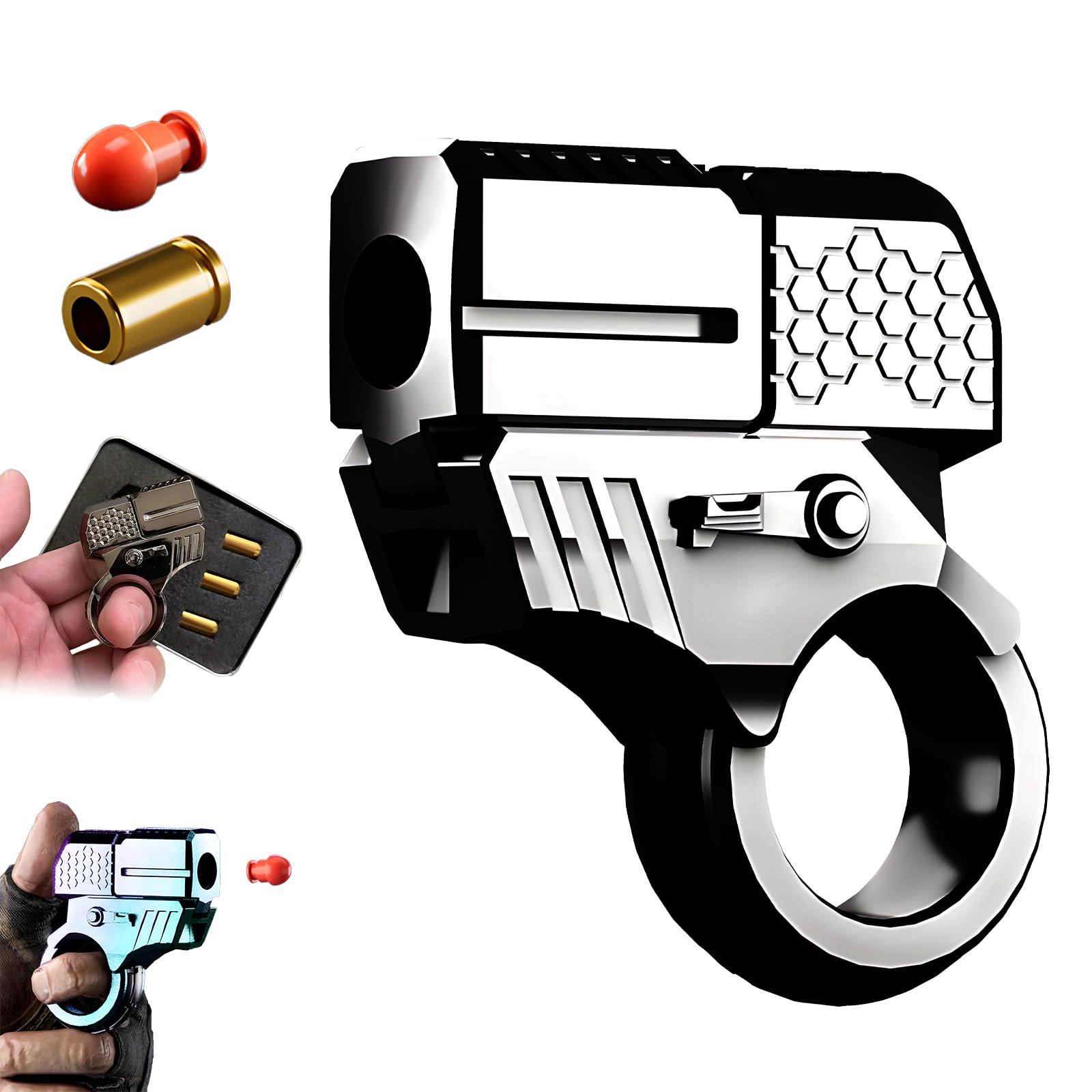 Alloy Ring Spinning Toy Launcher, Decompression EDC Launcher Model Ring One-Click Eject Fidget Ring with Soft Bullets (A-Launcher+20 Warheads+3 Cartridge Case)