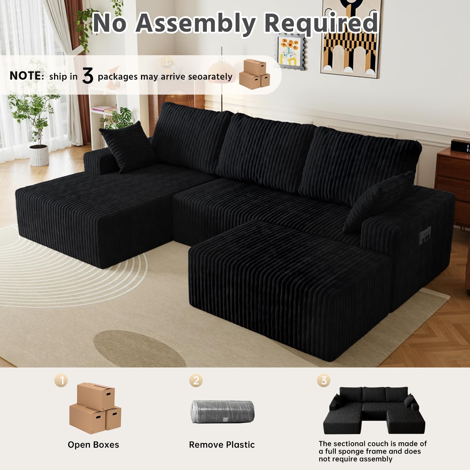 108" U-Shape Modular Sectional Cloud Couch with Ottoman, Deep Seat Boneless Couch with Oversized Chaise Lounge, Comfy Flannel Fabric Sofa for for Living Room Bedroom Apartment Game Room Basement